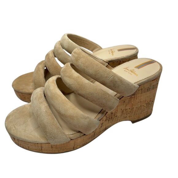 Sam Edelman Sandals Size 7 Tan Suede Leather Slip On Platform Wedges Logo - Picture 1 of 9